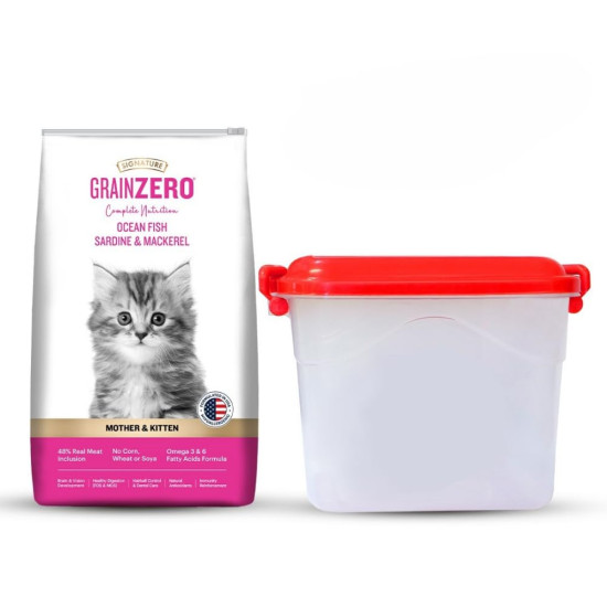 Grain Zero Kitten Dry Cat Food 1kg | Ocean Fish, Sardine & Mackerel |DHA for Brain Development, 48 Fresh Fish Inclusion | Promotes Healthy Skin & Coat | for Kitten & Mother |Free Container