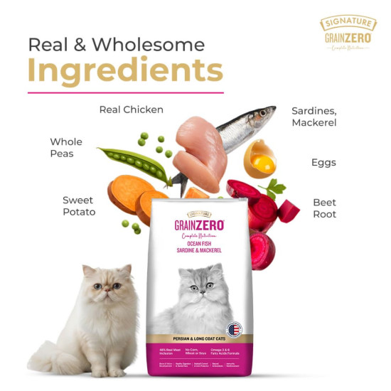 Signature Grain Zero Ocean Fish, Sardine and Mackerel Long Coat & Persian Adult Cat Dry Food - 1.2kg
