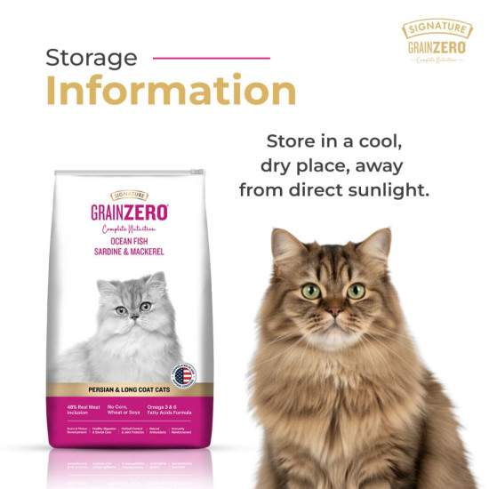 Signature Grain Zero Ocean Fish, Sardine and Mackerel Long Coat & Persian Adult Cat Dry Food - 1.2kg