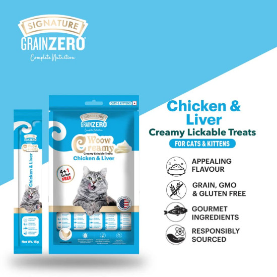 Signature GrainZero Woow Creamy Lickable Cat Treats – Chicken & Liver - 15g pack (20+4 (360g) sachets FREE)
