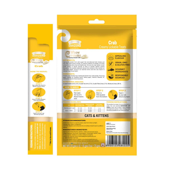 Signature GrainZero Woow Creamy Lickable Cat Treats – Crab - 15g pack (20+4 (360g) sachets FREE)
