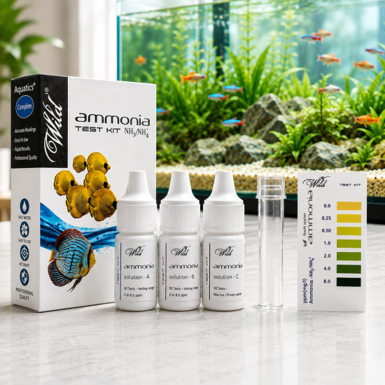 Aquatic Remedies Wild Ammonia Test Kit for Aquarium | Freshwater & Saltwater Water Testing Kit | 3 Solution Test with Colour Comparison Chart | Up to 50 Tests