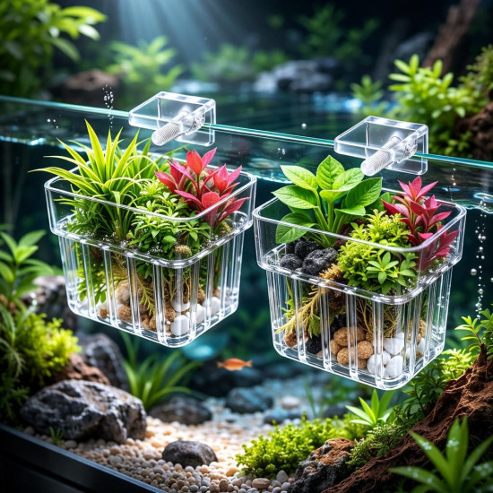 2 Pcs White Acrylic Hanging (Square) Water Plant Holder Pot for Aquarium Fish Tank, Aquaponic Plant Growing Landscape Plants