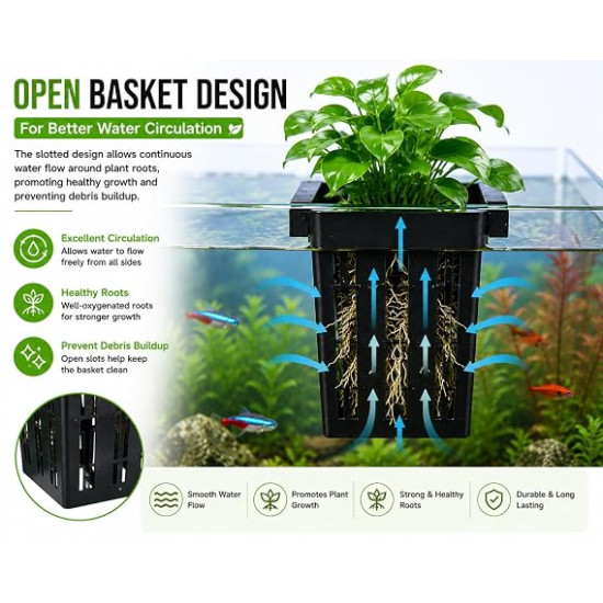 Aquarium Plant Holder (Pack of 2) | Fish Tank Plant Holder | Hang-On Aquarium Plant Cup for Live Aquatic Plants | Planter Basket for Aquascaping | Black