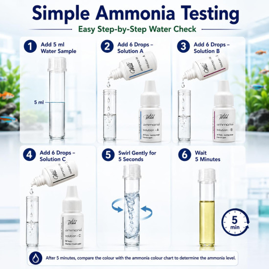Aquatic Remedies Wild Ammonia Test Kit for Aquarium | Freshwater & Saltwater Water Testing Kit | 3 Solution Test with Colour Comparison Chart | Up to 50 Tests
