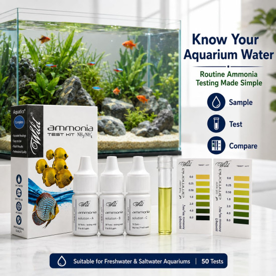 Aquatic Remedies Wild Ammonia Test Kit for Aquarium | Freshwater & Saltwater Water Testing Kit | 3 Solution Test with Colour Comparison Chart | Up to 50 Tests