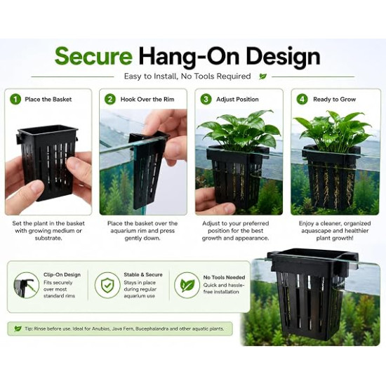 Aquarium Plant Holder (Pack of 2) | Fish Tank Plant Holder | Hang-On Aquarium Plant Cup for Live Aquatic Plants | Planter Basket for Aquascaping | Black