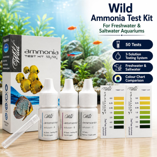 Aquatic Remedies Wild Ammonia Test Kit for Aquarium | Freshwater & Saltwater Water Testing Kit | 3 Solution Test with Colour Comparison Chart | Up to 50 Tests