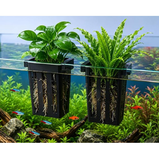 Aquarium Plant Holder (Pack of 2) | Fish Tank Plant Holder | Hang-On Aquarium Plant Cup for Live Aquatic Plants | Planter Basket for Aquascaping | Black