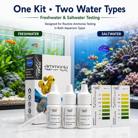 Aquatic Remedies Wild Ammonia Test Kit for Aquarium | Freshwater & Saltwater Water Testing Kit | 3 Solution Test with Colour Comparison Chart | Up to 50 Tests