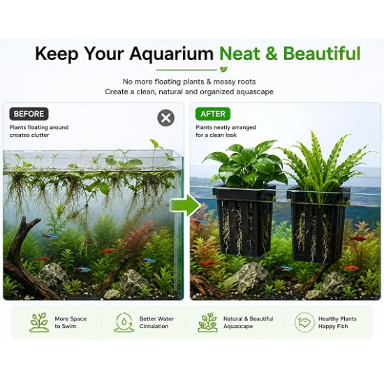 Aquarium Plant Holder (Pack of 2) | Fish Tank Plant Holder | Hang-On Aquarium Plant Cup for Live Aquatic Plants | Planter Basket for Aquascaping | Black