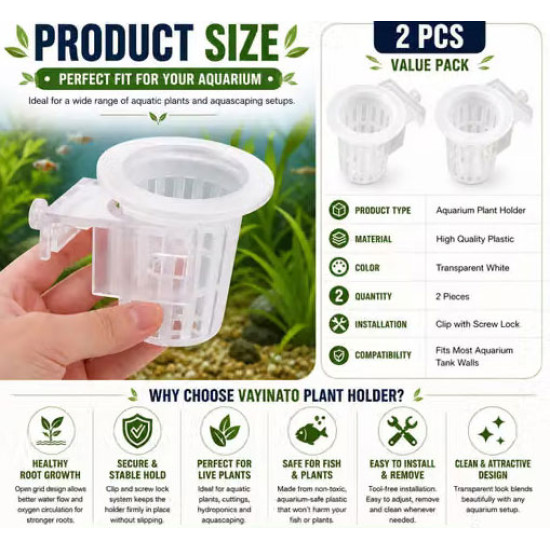 2 Pcs Aquarium Plant Holder with Clip & Screw Lock | Cup Type Fish Tank Plant Pot for Live Plants | Open Grid Root Growth Basket | Aquascaping Decor
