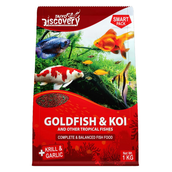 Taiyo Pluss Discovery Smart Pack Fish Food - 1 kg Bag Pellets | Highly Nutritious Floating Pellets with Krill & Garlic for All Tropical Fishes | Daily Nutrition for Health, Growth & Colour