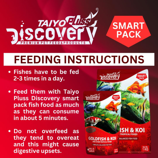 Taiyo Pluss Discovery Smart Pack Fish Food - 1 kg Bag Pellets | Highly Nutritious Floating Pellets with Krill & Garlic for All Tropical Fishes | Daily Nutrition for Health, Growth & Colour