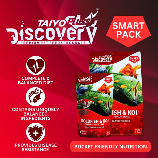 Taiyo Pluss Discovery Smart Pack Fish Food - 1 kg Bag Pellets | Highly Nutritious Floating Pellets with Krill & Garlic for All Tropical Fishes | Daily Nutrition for Health, Growth & Colour
