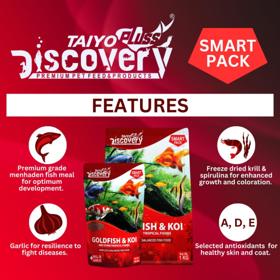 Taiyo Pluss Discovery Smart Pack Fish Food - 1 kg Bag Pellets | Highly Nutritious Floating Pellets with Krill & Garlic for All Tropical Fishes | Daily Nutrition for Health, Growth & Colour